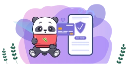 A cartoon panda looking surprised holds a laptop while a smartphone displays a credit card with a secure payment symbol.