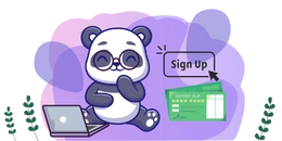 A cartoon panda wearing glasses smiles while sitting on a laptop with a "Sign Up" button and two tickets nearby.