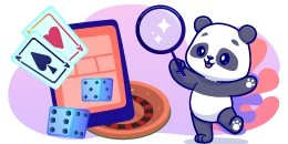 A cartoon panda with a magnifying glass, standing next to a tablet with playing cards and dice, and a roulette wheel.