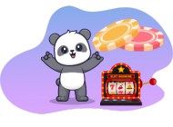 A cheerful cartoon panda stands next to a slot machine with spinning reels, surrounded by colorful poker chips.