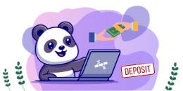 A cartoon panda sits at a laptop with a "DEPOSIT" button. A hand is reaching towards the panda holding a stack of money.