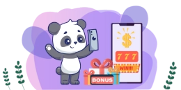 A cartoon panda looks excited with a smartphone showing a winning 777 slot machine game with a bonus and gift boxes.