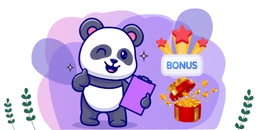 A cartoon panda gives a thumbs up, holding a clipboard and standing next to a gift box overflowing with coins and a "BONUS" sign.