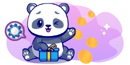 A cartoon panda winking and holding a gift box, with coins and a casino chip floating around.