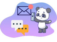 A cute cartoon panda holding a smartphone with chat bubbles and an email icon nearby, representing various communication methods.