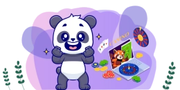 A cartoon panda looks excited in front of a laptop showing a casino game with a red panda playing.