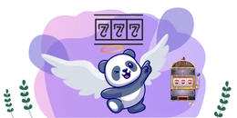 A cartoon panda with angel wings points towards a slot machine with three sevens lined up, symbolizing a lucky win.