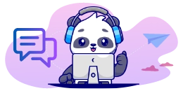 A cartoon panda wearing headphones and sitting in front of a laptop, with chat bubbles and a paper airplane in the background.