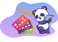 A cartoon panda using a calculator with credit cards and a downward arrow, suggesting financial planning or budgeting.