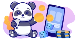 A cartoon panda looking at a smartphone with coins and dice, sitting on a stack of casino chips.