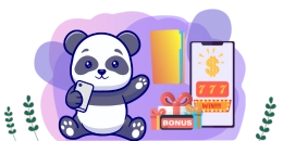 A cute cartoon panda using a smartphone with a gift box and a "777 Bonus" sign, suggesting online gambling rewards.