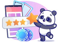 A cartoon panda holding up a gold star next to a tablet with playing cards, a casino chip, and a banner with four stars.