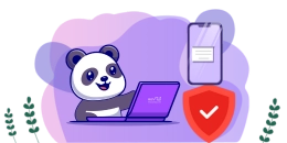 A cartoon panda working on a laptop with a smartphone and a shield with a checkmark, symbolizing secure online activities.