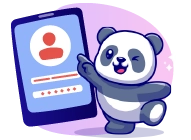 A cartoon panda winking and pointing at a smartphone screen with a login page on EU Casinos.