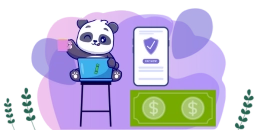 A cartoon panda enjoying a cup of coffee while working on a laptop, with a secure smartphone and money bills nearby, suggesting online financial activities.