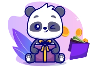 A cartoon panda winking, sitting on a gift box with a bow, next to a wallet with coins spilling out.