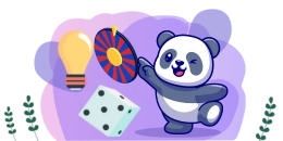 A cartoon panda playing a game with a spinning wheel, a dice, and a lightbulb, suggesting a game of chance or a strategic game.