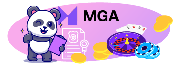 A cartoon panda holding a clipboard with a badge and a key, standing next to a roulette wheel, coins, and playing cards with the text "MGA" displayed.