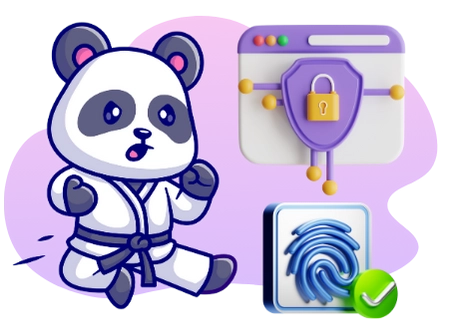 A cartoon panda in a karate pose stands near a web browser with a security shield and a fingerprint scanner icon with a checkmark, suggesting online security measures.