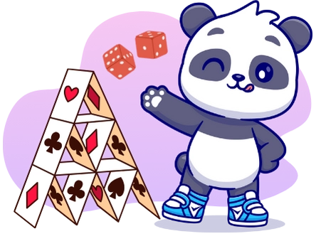 A cartoon panda wearing sneakers winks and holds up a hand next to a house of cards and dice, suggesting a playful and mischievous atmosphere.