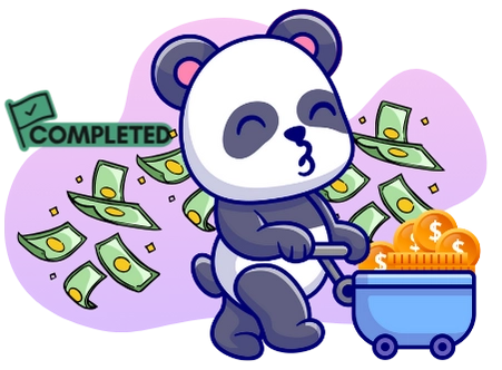 A cartoon panda pushes a cart filled with money, with banknotes flying around it, and the word 