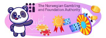 A cartoon panda pointing to a graph, with the text "The Norwegian Gambling and Foundation Authority" and symbols like coins, dice, and a roulette wheel.