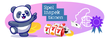 A friendly panda cartoon character sits at a laptop with a tablet beside it and text "Spelinspektionen."