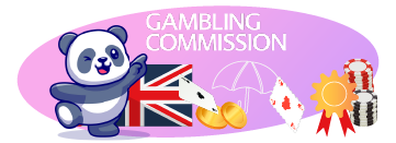 A cartoon panda pointing to a Union Jack flag, with symbols representing gambling and a text overlay reading "UKGambling Commission."