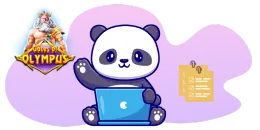 Cartoon panda using a blue laptop and there is sheets and "gates of olypmus" game logo on background.