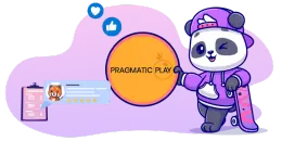 Cartoon panda with cool outfits holding a "pragmatic play" logo.