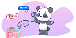 Cute cartoon panda holding a mobile phone and there are gift boxes, "bonus" and "register" texts on background.