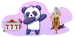 Cartoon panda "dabbing" with iconic gates of olympus character and a slot machine with "777" on it.