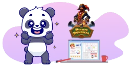 An excited cartoon panda clapping next to the "Pirate Bonanza" logo, with a laptop screen displaying game stats and a pirate character in the background.