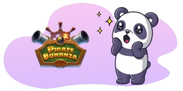 A surprised cartoon panda staring at the "Pirate Bonanza" logo with cannons, surrounded by sparkles on a purple background.