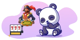 Cartoon panda sitting next to the "pirate bonanza" logo and there is a slot machine with "777" on it.