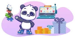 A cheerful cartoon panda winking while holding colorful casino chips, with a slot machine, gold coins, and a gift box in the background.