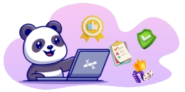 A panda sits at a desk, using a laptop surrounded by various cards and items, showcasing a playful and curious scene.