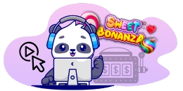 Cartoon panda wearing a headset and there is "sweet bonanza" text behind it