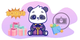 Cartoon panda sitting with a gift box and there is "bonus" text and wallets on background