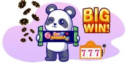 Cartoon panda holding a sweet bonanza logo and there is "big wins" and "777" texts on background