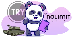 A cartoon panda holding a clipboard with the word "NOLIMIT CITY" written on it, gives a thumbs up next to a tank.