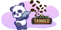 A cartoon panda looking at a tablet with coins flying out of it, next to a tank with the word "TANKED" written on it.