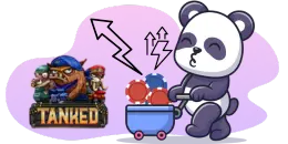 A cartoon panda blowing air into a cart filled with poker chips, causing them to multiply and shoot out towards a group of tank characters.