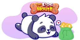 A cute panda lying happily on the ground, dreaming about coins, with 'The Dog House' logo above it on a purple background.