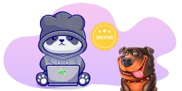 A serious-looking panda wearing a hoodie and using a laptop, next to a playful dog and a 'Trusted' badge on a purple background.