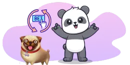 A cheerful panda raising its arms next to a happy pug and a 'Bet' button symbol with a purple background.