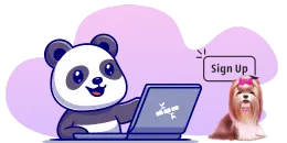 Cartoon panda surfing on computer with a cute dog and "sign up" text.