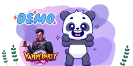 Cartoon panda with "vampy party" and "demo" texts