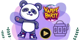 An illustrated panda character winking and waving, wearing sneakers, set against a purple background with a 'Vampy Party' logo and icons of a slot machine and a play button.