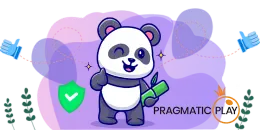 Illustration of a winking panda holding bamboo on a purple background with the text "Pragmatic Play." Icons include a glowing shield and a trophy.